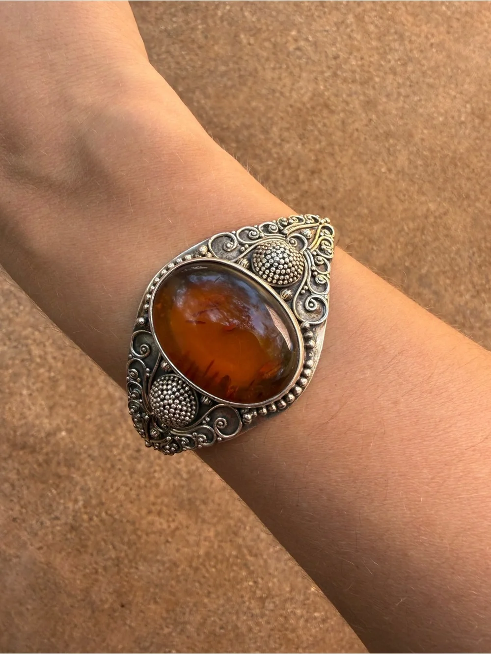 925 Silver vintage Amber Cuff Bracelet - Brown Amber